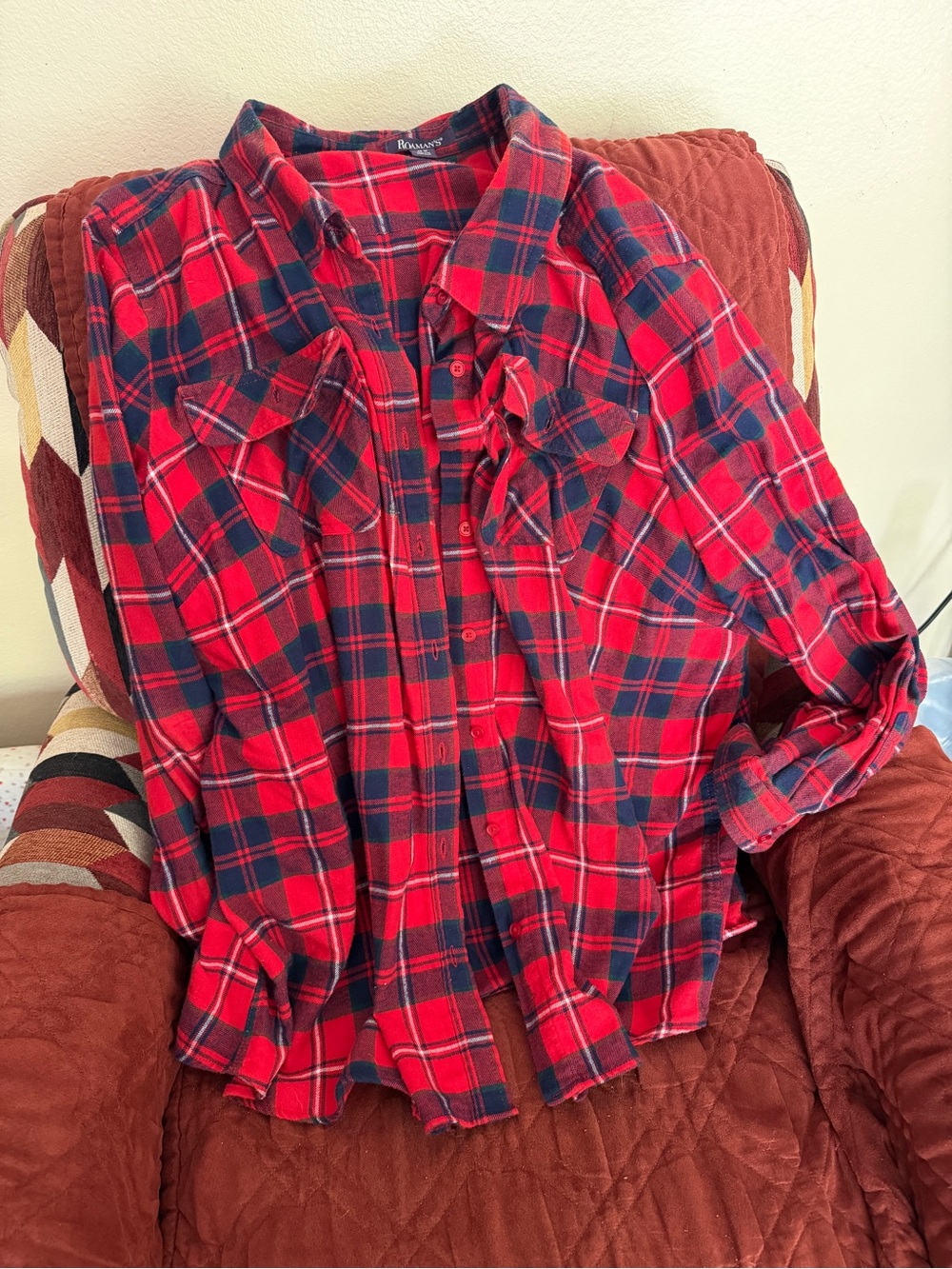 Roaman's Red and Navy Plaid Button-Down Shirt